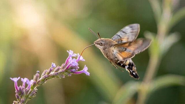 hummingbird hawk moth close up at morning light in provence france flower garden video