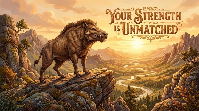 A majestic wild boar stands on a rocky outcrop overlooking a vast mountain valley at sunset, with the inspirational text "Your Strength is Unmatched"