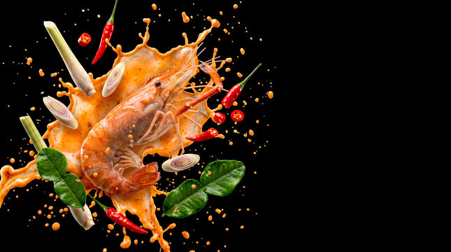 Tom Yum Goong Ingredients and Prawn Splash with Right Copy Space