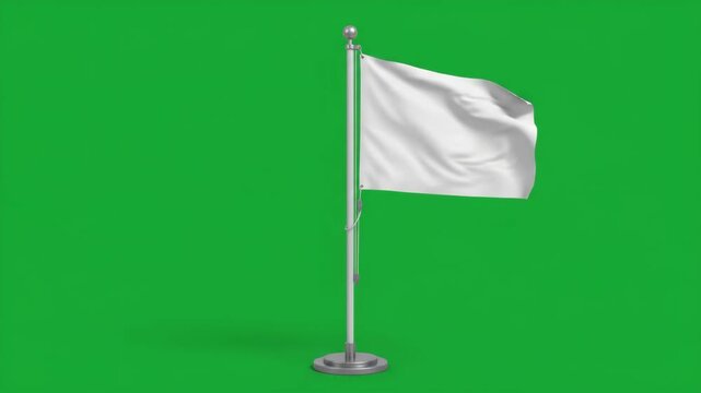 White flag on a flagpole waving gently in the wind against a vibrant green screen background, signifying surrender or peace.