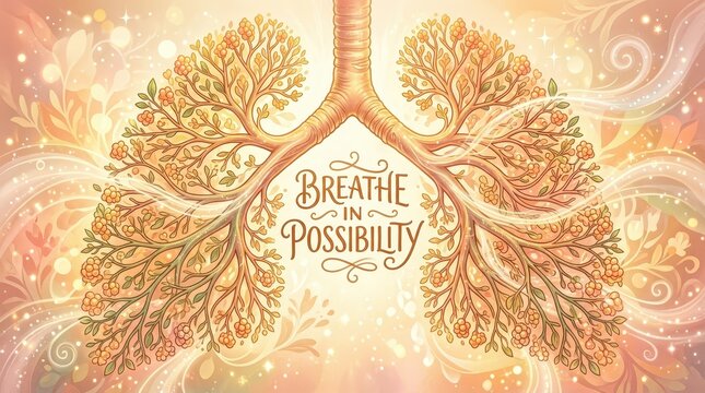 Artistic lungs shaped like a tree with flowers and the text "Breathe in Possibility", symbolizing hope, health, and new beginnings