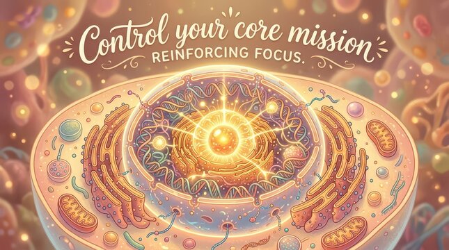 Abstract illustration of a human cell interior, showcasing nucleus, mitochondria, and endoplasmic reticulum with inspirational text "Control your core