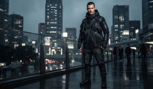 Futuristic Black Techwear Mens Fashion Portrait