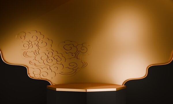 Fashion product background and stand black podium display with blank backdrops.3D rendering