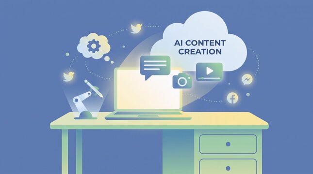 Ai Content Creation, Laptop with Icons Representing Various Media Formats Featuring Artificial, Intelligence