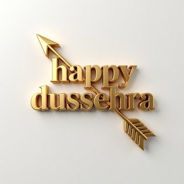Golden letters spell happy dussehra with an arrow passing through. Festive Indian holiday text design symbolizes victory and celebration. Elegant graphic for greeting cards and posters.