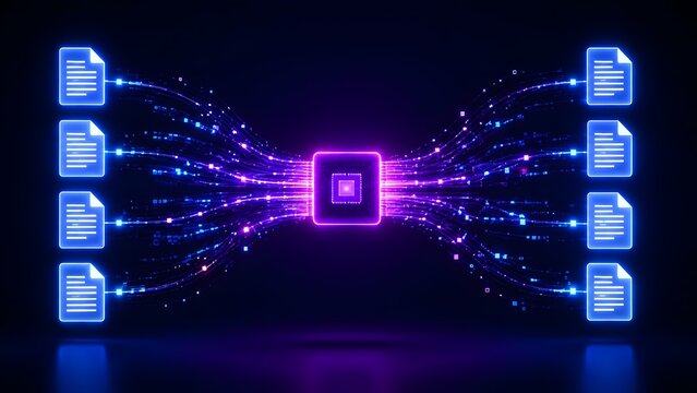 Multiple glowing digital documents connecting to central processor core representing high speed network data parsing