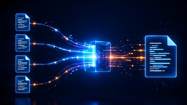 Glowing digital code documents transmitting blue data streams through processor block representing high speed network extraction