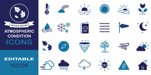 Obraz premium Atmospheric conditions solid icon set. Set of 24 icons related to weather, forecast, temperature, rain, lightning, moon, rainbow, snow, snowflake, nature, sun, heat, forecast and more collection.