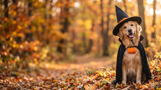 A cute Golden Retriever dog wearing a witch costume sitting in an autumn forest.