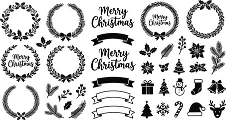 Fototapeta premium Black and white vector illustration featuring christmas ornaments wreaths and festive lettering on a white background