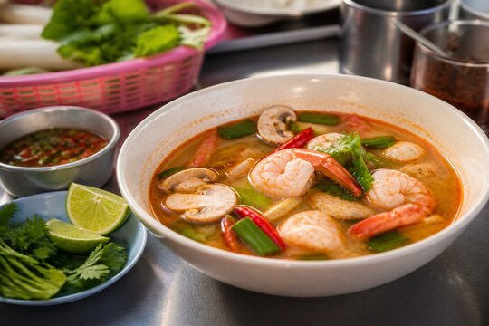 Tom yum soup with herbs at a Bangkok street food table