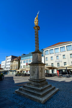 Maribor, Slovenia - August 09, 2026: Panorama of the Grajski trg square of Maribor with the Saint Florian Column, or Florijanovo Znamenje, surrounded by bars, cafes and restaurants.