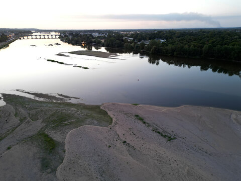 Aerial View of Low Water Levels in the Loire River at Sunset Near Saumur, France