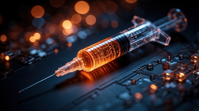Medical syringe with glowing orange liquid inside sits on dark high tech circuit board. Futuristic needle contains digital data nanotechnology. Science concept shows advanced biotech medicine, smart