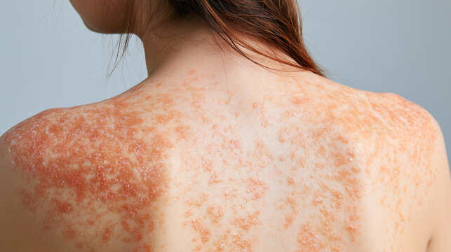 Close-up from behind showing widespread raised patches, flaky surface and pronounced redness over the shoulder blades and upper torso, psoriatic eruption, desquamation, scaly rash,