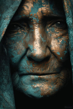 people of ai, elderly person whose face has been covered in cracked teal and gold texture, photorealistic