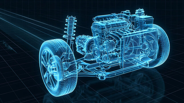 Blue digital hologram of a car front wheel drive assembly showing engine and suspension system details