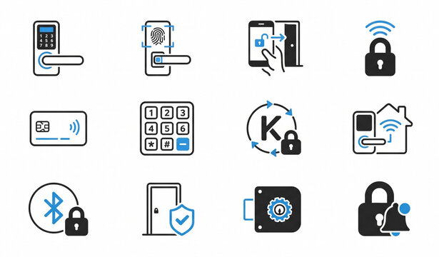 Untitled design - 1Smart door lock icon set with digital keypad fingerprint wireless access and security symbols