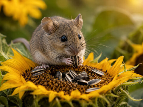 Cute mouse and sunflower