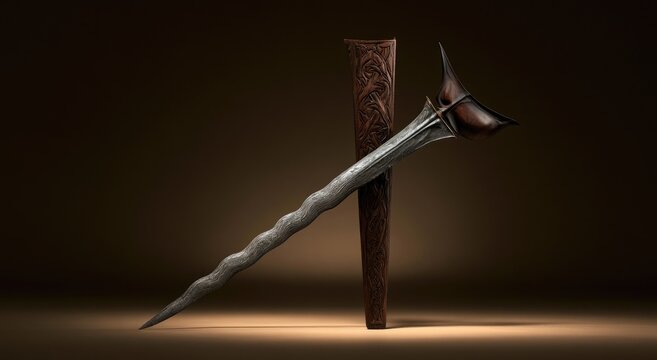 A wavy double-edged dagger rests against its ornate, carved wooden protective sheath