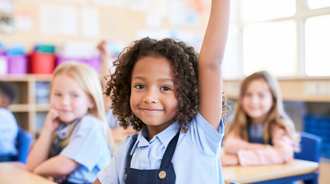 Smiling child holding one arm up during a lesson while classmates sit behind her, classroom volunteering, teacher question, eager learner, knowledge check, student interaction, edu