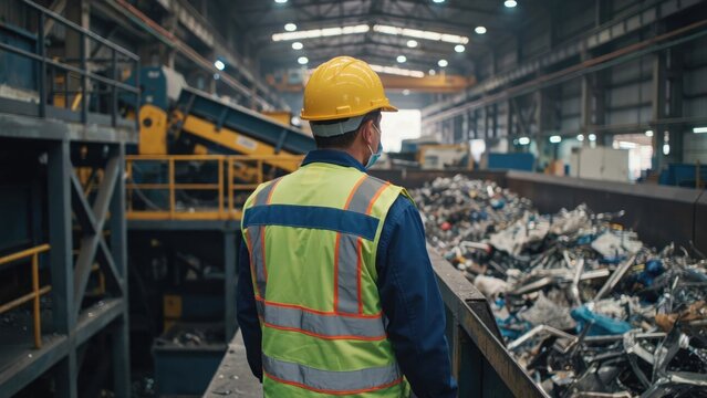 Worker in yellow hard hat and safety vest at a metal recycling facility