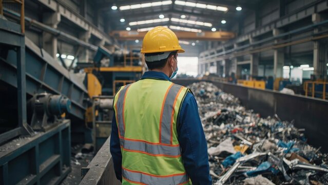 Worker in yellow hard hat and safety vest at a metal recycling facility