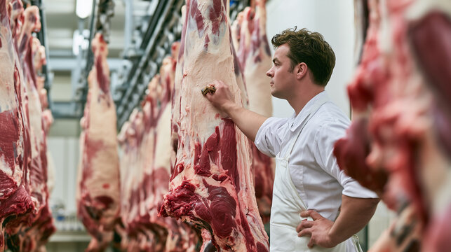 Butcher inspecting hanging beef carcasses inside a clean industrial meat processing facility, slaughterhouse worker, meat inspection, beef production, carcass processing, food safe