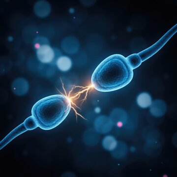 Two blue sperm cells connecting with electrical sparks, microscopic view
