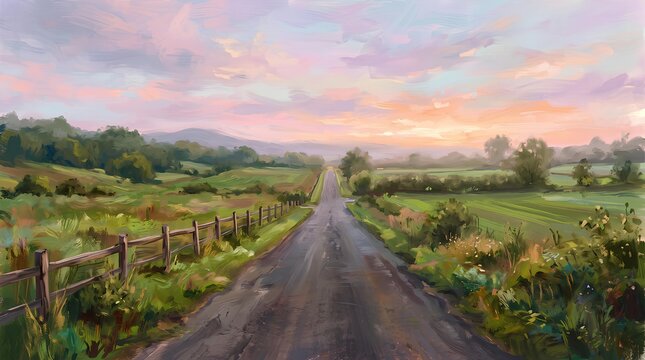 Impressionist painting of a countryside road through green fields.