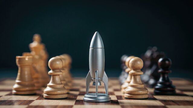 Silver rocket figurine standing among wooden chess pieces on a board