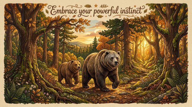 A mother bear and cub walk through a sun-dappled forest path with autumn foliage, emphasizing instinct and nature.