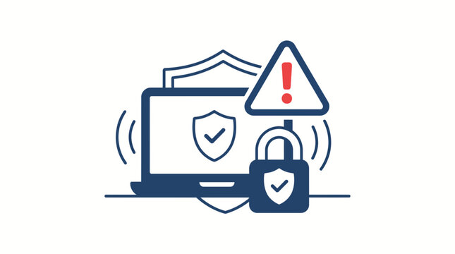 Computer security and network protection graphic. A laptop with a shield and checkmark symbol, a padlock with a shield.