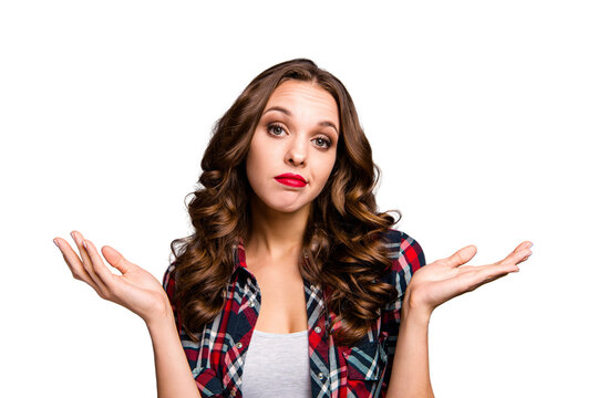 Close up portrait of beautiful she her lady not interested in conversation doubt unsure uncertain in everything wearing specs checkered plaid shirt clothes isolated grey background