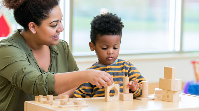 Preschool teacher guiding a young pupil through a developmental activity using wooden pieces and matching shapes, Montessori exercise, logical thinking, hand-eye coordination, sens