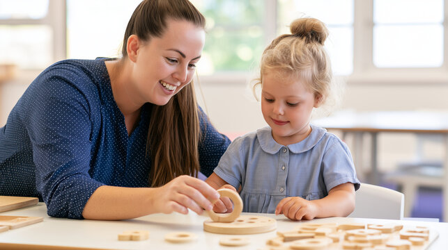 Preschool teacher guiding a young pupil through a developmental activity using wooden pieces and matching shapes, Montessori exercise, logical thinking, hand-eye coordination, sens