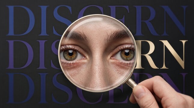 Magnifying glass inspecting human eyes over text background