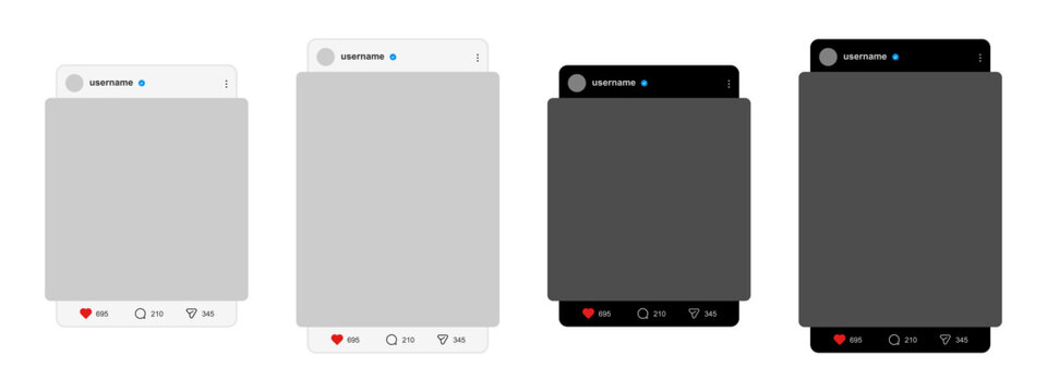Modern social media post frame set, light and dark post template with empty space and reaction buttons, screen carousel interface layout mockup