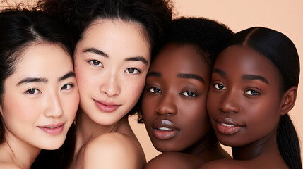 Obraz premium Four diverse young women posing closely together against a clean warm studio background, confident expressions, multicultural female group, ethnic diversity, inclusive beauty, frie