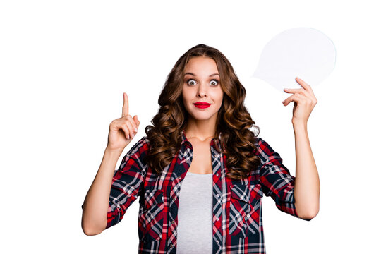 Portrait of her she nice cute attractive lovely adorable glamorous charming pretty cheerful cheery funny wavy-haired lady holding thought form figure shape wow attention isolated over gray background