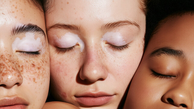 Close-up portrait of three diverse young women with closed eyes showing freckles, acne and vitiligo around the eye area, natural skin diversity, facial pigmentation, blemishes, dep