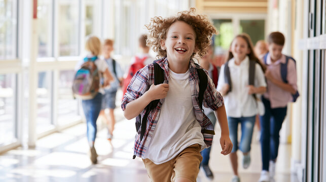 Schoolboy with curly hair running through a bright school corridor among classmates carrying backpacks, first day, September arrival, elementary pupil, class return, academic year,
