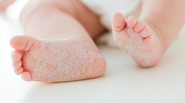 Close-up of infant feet with visible fine scaling and cracked dry patches across delicate skin, newborn desquamation, neonatal xerosis, flaky epidermis, peeling symptom, skin barri