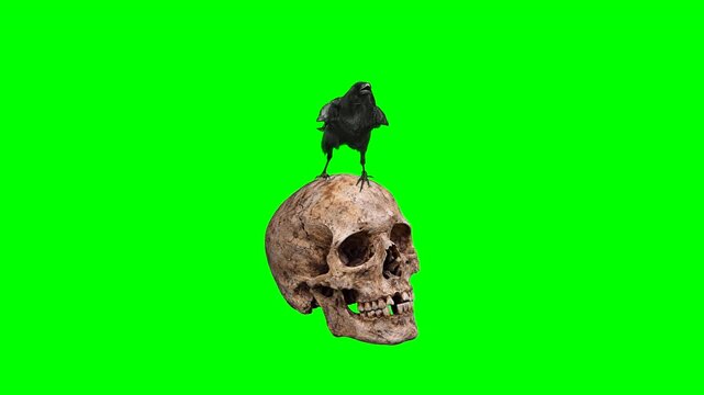 Raven on top of weathered human skull green screen