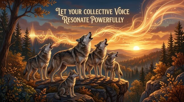 A pack of wolves howling together at sunset in a forest, with glowing energy emanating from their voices.