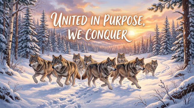 A pack of wolves running through a snowy forest at sunrise, united in purpose, concept of teamwork and strength