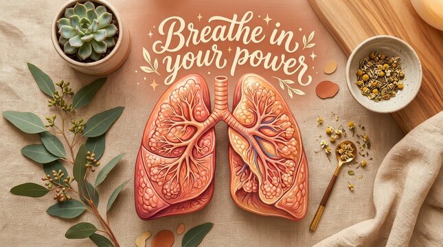 Anatomical lungs illustration with inspirational "Breathe in your power" text, surrounded by eucalyptus, chamomile, and succulent plant.