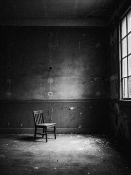 Single wooden chair in a dark, dilapidated room with window light