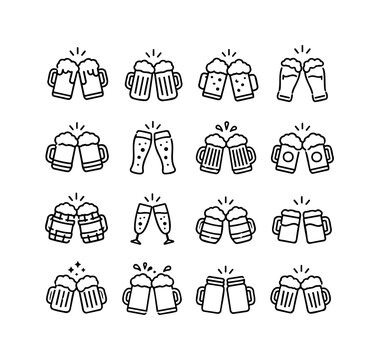 Beer Cheers Icon Set with Clinking Mugs and Champagne Glasses for Party Design